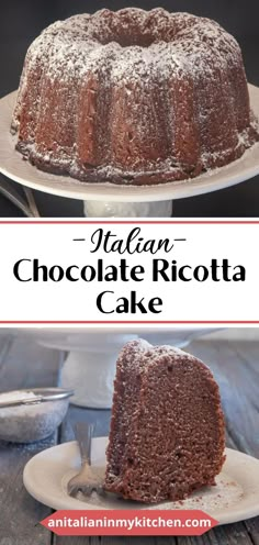 a chocolate ricotta cake with powdered sugar on top and the rest of the cake in the background