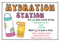 a sign that says hydration station with an image of a bottle and a hand sanitizer