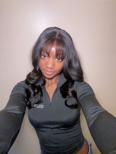 Wig install, black girl wig install, curkd with bang, bang hairstyle, bang with with layers Curls With Bangs Hairstyles, Bangs Sew In Black Women, Wavy Weave With Bangs, Lace Frontal With Bangs, Sew In W Bangs, Wig With Fringe Black Woman, Bangs With Curls Wig, Sew In Weave With Curtain Bangs, Human Hair Wig With Bangs