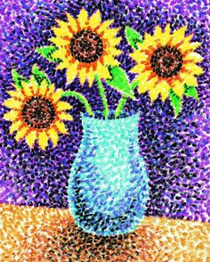 two sunflowers are in a blue vase on a brown table with purple background