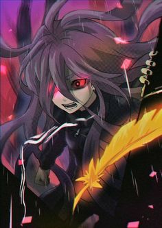 an anime character with long hair and red eyes holding a yellow arrow in her hand