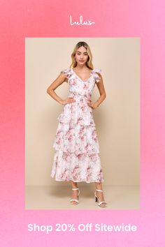 We've got a serious crush on the Lulus Adorable Direction Ivory Floral Burnout Tiered Midi Dress! Lightweight woven fabric, with a sweet floral print, burnout accents, and subtle tonal checkered design, shapes this darling dress. Slender straps boast ruffled accents at the shoulders as they support a surplice bodice with an open back. Fitted waist tops a tiered skirt that cascades to a midi hem. Hidden zipper/clasp at back. Fit: This garment fits true to size. Length: Ankle length. Size medium m Tiered Midi Dress, Lulu Fashion, Darling Dress, Sweet Floral, Dress 100, Ankle Length, Apparel Accessories, Day Dresses, Midi Dress