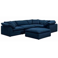 a large blue sectional couch with ottomans on the bottom and one foot in the middle