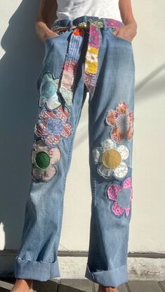 HerdingBoho - Etsy Canada Boyfriend Cut Jeans, Ropa Upcycling, Hippie Jeans, Patched Denim, Upcycled Jeans, Festival Inspo, Patch Jeans, Fitting Jeans, Boho Denim