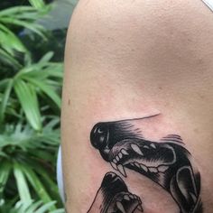 a black and white tattoo on the arm of a woman's upper arm with a snake