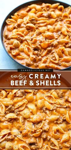 two pans filled with creamy beef and shell pasta