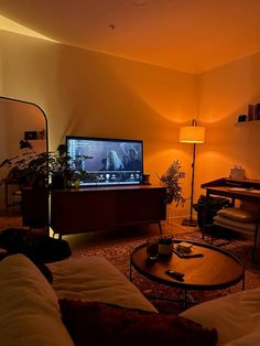 a living room filled with furniture and a flat screen tv on top of a wooden table