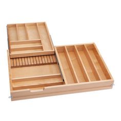 two wooden drawers with dividers on each side and an open drawer in the middle