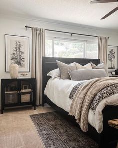 Curtains small window Window Over Bed, Bed Inspiration, Black Bed Frame, Black Bed, Gorgeous Bed, Bedding Inspiration, Bedside Lamps, Black Bedding