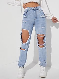 Light Wash  Collar  Denim Plain Straight Leg Embellished Non-Stretch  Women Clothing Cute Ripped Jeans, Ripped Denim Pants, Denim Pants Fashion, Denim Pants Women, Denim Patterns, Cute Jeans, Straight Leg Denim, Ripped Denim, Really Cute Outfits