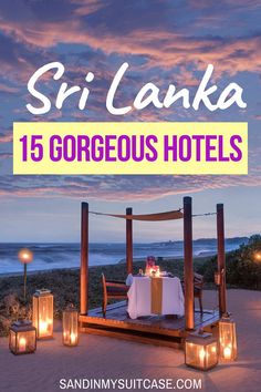 an outdoor dining area with candles and lights on the sand at sunset, in sri lanka