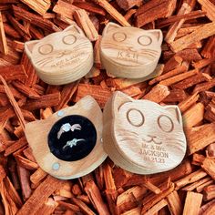 three wooden cat magnets sitting on top of wood chips