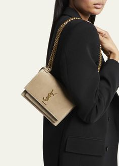 Saint Laurent Sunset Small YSL Crossbody Bag in Suede - Bergdorf Goodman Ysl Sunset Bag, Ysl Crossbody Bag, Ysl Logo, Book Bags, Divine Design, Elements Of Style, The Saint, Big Bags, Saint Laurent Bag