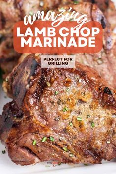 the cover of amazing lamb chop marinade is shown on a white plate with green onions