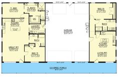 the floor plan for a two story house with an attached garage and living room area