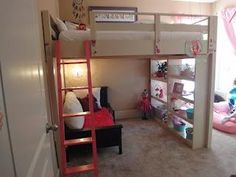 a bedroom with a bunk bed and pink curtains on the window sill above it