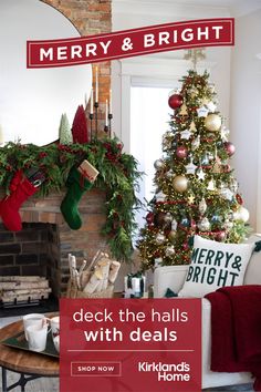 a christmas tree with stockings and stockings hanging from it's branches in front of a fireplace