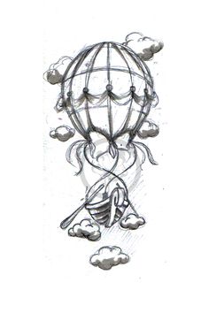 a drawing of a person sitting in front of a hot air balloon with clouds around it