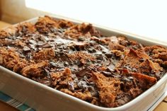 a casserole dish filled with chocolate and oatmeal