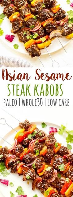 These Asian sesame Whole30 steak kabobs are marinaded in a quick and easy Whole30 and Paleo marinade that make the grilled steak kabobs really come to life! It's a simple Whole30 steak kabob recipe that anyone can whip up, and it's even easier to grill. #whole30steak #paleosteak #whole30grilling #ketosteak Paleo Marinade, Grilled Steak Kabobs, Paleo Steak, Paleo Menu, Seared Salmon Recipes, Steak Kabobs, Grilled Steak Recipes, Paleo Low Carb