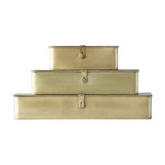 three gold boxes stacked on top of each other with handles and latches in the middle