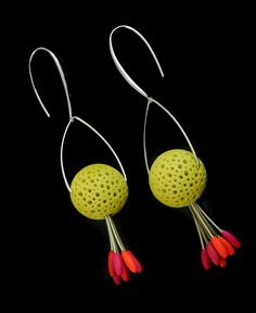 Polymer Earrings - These colorful stirrup drop earrings take on a slightly more contemporary form. They recall the life cycles of a seasonal garden gone to seed, as they hold the promise of the coming spring. The spotted chartreuse orbs display an array of red and magenta hued seeds dangling on varied stems, awaiting the wind to carry them away.<br><br>The results are a lightweight design that really make a statement when suspended on sterling silver stirrups and ear hooks. Each earr Contemporary Jewelry Design, Vibrant Color Palette, Fruit Jewelry, Polymer Earrings, Artful Home, Seasonal Garden, Stirrups, Floral Earrings, Contemporary Jewelry