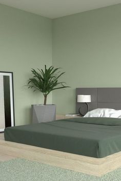 a bedroom with green walls and a plant in the corner on the bed side table