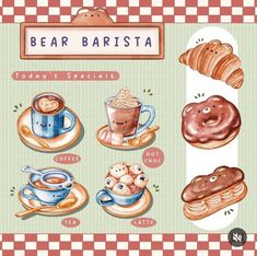 an illustration of bear barista coffee and pastries