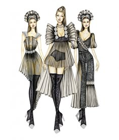 three models in dresses designed by fashion designers