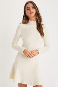 Ivory Mini Sweater Dress - Mock Neck Dress - A-Line Mini Dress - Lulus Proposal Outfit Ideas, Proposal Outfit, Winter Engagement Photos Outfits, Wedding Rehearsal Dress, White Rehearsal Dinner Dress, Cream Knitted Dress, White Dress Winter, Rehearsal Dinner Outfits, Mock Neck Sweater Dress