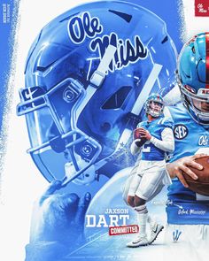 a football player holding a ball in front of a blue helmet with the words ole miss on it