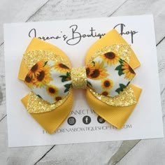 This listing is for one Sunflower bow made with grosgrain ribbon and glitter faux leather. Available in 3.5 inch and 4 inch. Please choose size and clip choice from drop down box. Colors may vary from each screen due to monitor settings. Processing times for ready to ship bows is 3-5 business days. If your order is going to be custom made, please be aware that it can take up to 7 to 10 days before your order is shipped out. PLEASE NOTE* Contains small parts. Please do not leave young children un Diy Bows For Hair, Ribbon Hair Bows Diy, Fall Hair Bows Ideas, 2023 Necklace, Fall Bows For Hair, Adjustable Hair Accessories With Decorative Bow For Summer, Cute Summer Bow With Ribbon, Adjustable Hair Accessories With Decorative Bow For Spring, Diy Baby Hair Bows