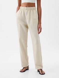 High Rise Linen-Cotton Pull-On Pants | Gap White Chinos, Green Chinos, Black Chinos, Gap Pants, Light Texture, Back Patch, Pull On Pants, Soft Hand, Petite Size