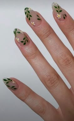 Almond Shape Acrylic Nails Designs Summer, Garden Nails Acrylic, Green Nails Pastel, Leafy Nails, Nails Light Green, Green Prom Nails, Nails March, Fresh Vibes, March Nails