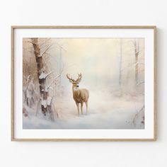 a painting of a deer standing in the middle of a forest with snow on the ground