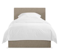 a bed with white linens and pillows on it's headboard, against a white background