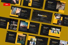 an array of black and yellow powerpoint slideshow templates on a yellow background