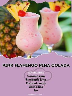 the pink flamingo pina cola recipe is shown with pineapples and cherries