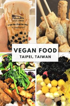 the collage shows different types of food and drinks in each photo, including tofu