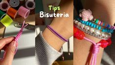 three pictures showing different types of bracelets with beads and ribbons on them, one is pink the other is blue