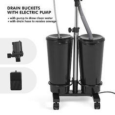 two black buckets with electric pump on wheels