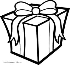 a black and white drawing of a present box with a bow on it's ribbon