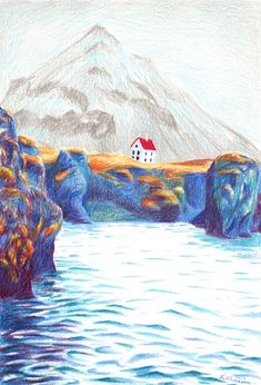 a drawing of a house sitting on top of a cliff next to a body of water