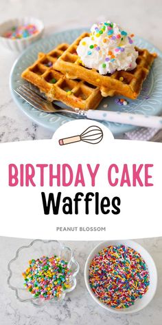 birthday cake waffles with whipped cream and sprinkles