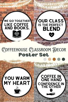 the coffee poster set is displayed on a brick wall