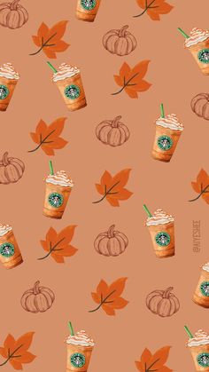 starbucks coffee with pumpkins and leaves on a peach background, seamless wallpaper