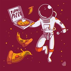 an astronaut holding a pizza box in his hand and flying through the air next to two slices of pizza