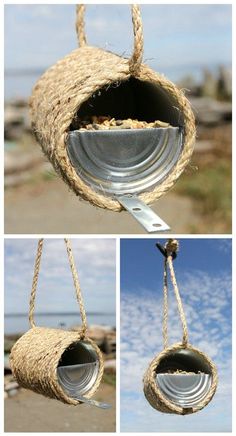 three pictures showing how to make a hanging bird feeder with rope and tin canisters