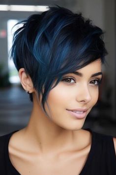 Pixie Hairstyles Black Hair, Edgy Hair Pixie, Black Pixie With Highlights, Red And Black Pixie Cut, Pixie Hairstyles Color Ideas, Short Hair Fashion Color, Pixie Haircut Plus Size, Blue Black Hair Color Short, Short Asymmetrical Haircut Fine Hair