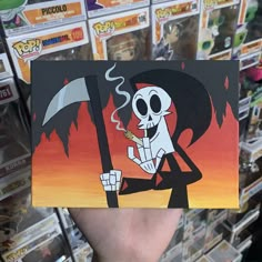 Grim Reaper Billy And Mandy Drawing, Homies Paintings, Painted Album Covers On Canvas, Horror Paintings Canvas, Grunge Canvas Painting, Things To Paint On Canvas Trippy Easy, Trippy Cartoon Drawing Ideas, Cartoon Paintings Easy Canvas, Scary Paintings Easy